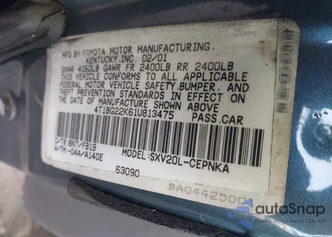 2001 Toyota Camry Le from USA, damaged, VIN 4T1BG22K61U813475